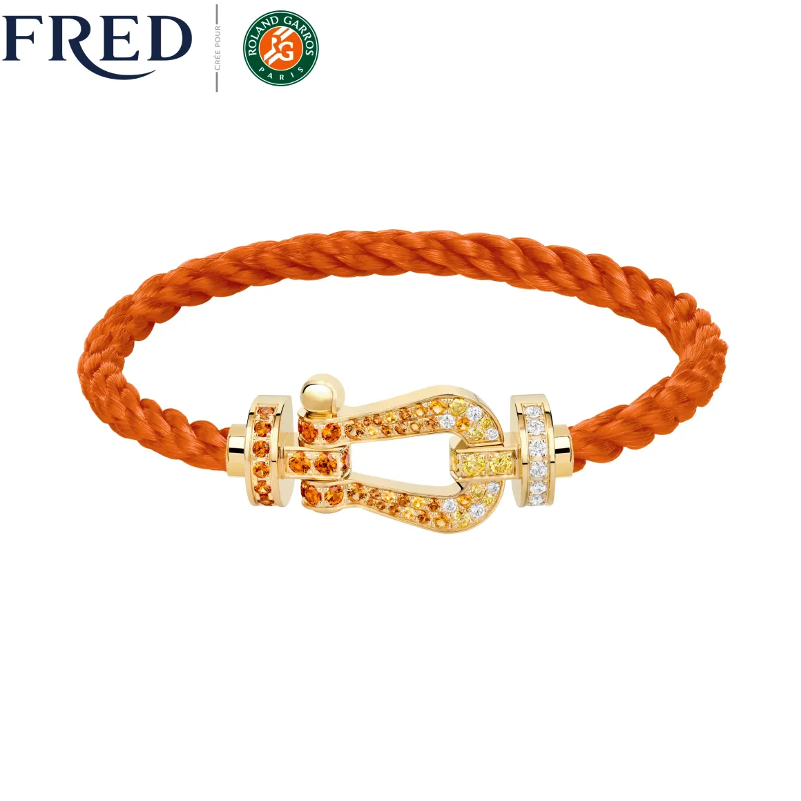 Roland-Garros Bracelets|Bracelets|FRED Force 10 buckle for - Large model 18K yellow gold diamond paved and colored stones