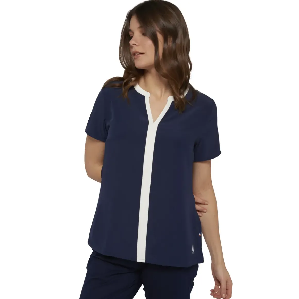 Roland-Garros Polos & Shirts|women's blouse with short sleeves and ecru central band - navy