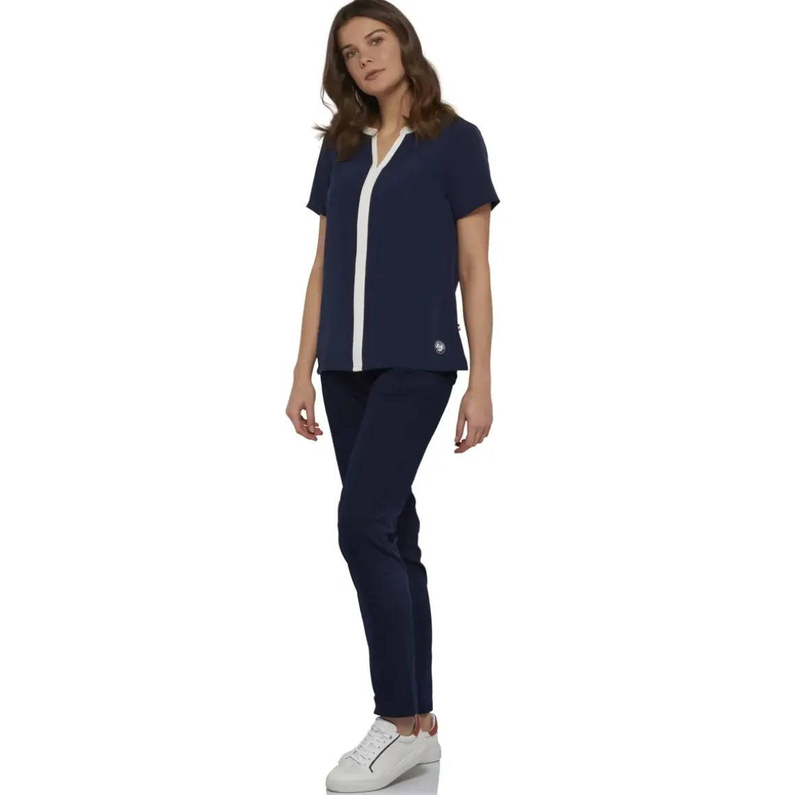 Roland-Garros Polos & Shirts|women's blouse with short sleeves and ecru central band - navy